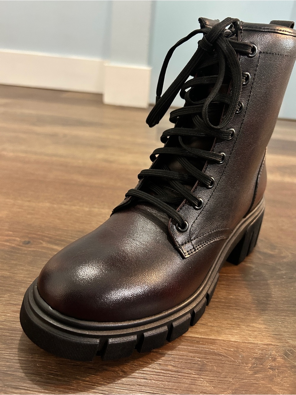 Women's Black Cherry Leather Lace-Up Chunky Combat Boots — Size 7.5